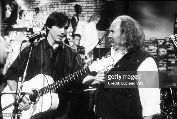 Guitarists and singer-songwriters Jackson Browne and David Crosby performing at a TV show RAI, Rome, Italy, 1988.