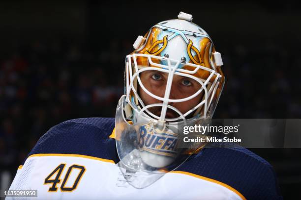 Carter Hutton of the Buffalo Sabres skates against the New York Islanders at NYCB Live's Nassau Coliseum on March 30, 2019 in Uniondale, New York....