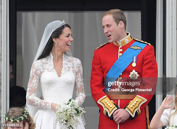 Prince William, Duke of Cambridge and Catherine, Duchess of Cambridge greet wellwishers from the balcony next to Grace Van Cutsem and Margarita...