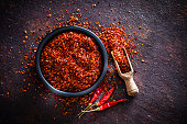 Red chili pepper flakes shot from above
