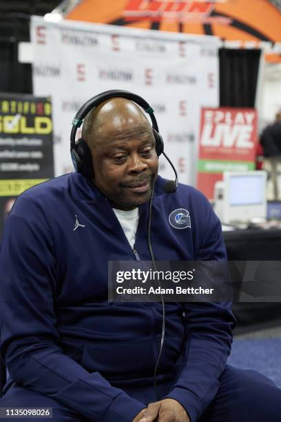 April 05: SiriusXM guest Patrick Ewing during the NCAA final Four radio broadcast on radio row at the Minneapolis Convention Center on April 5, 2019...