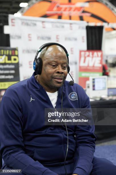 April 05: SiriusXM guest Patrick Ewing during the NCAA final Four radio broadcast on radio row at the Minneapolis Convention Center on April 5, 2019...