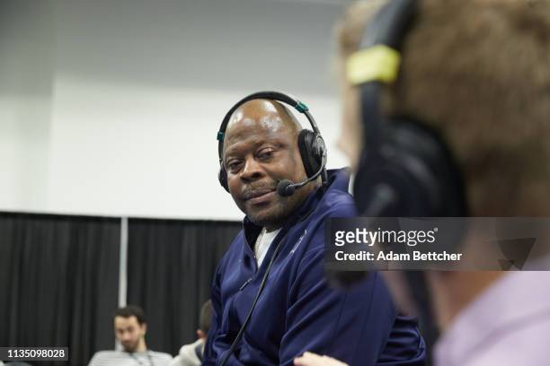 April 05: SiriusXM guest Patrick Ewing during the NCAA final Four radio broadcast on radio row at the Minneapolis Convention Center on April 5, 2019...