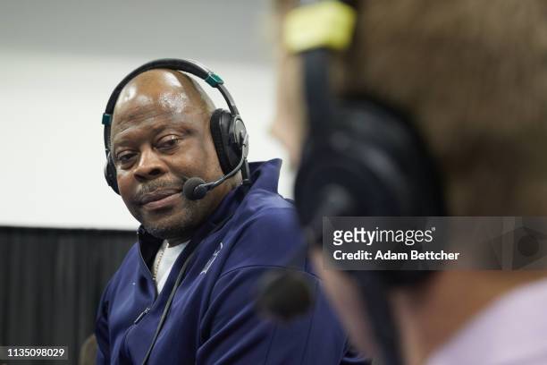 April 05: SiriusXM guest Patrick Ewing during the NCAA final Four radio broadcast on radio row at the Minneapolis Convention Center on April 5, 2019...