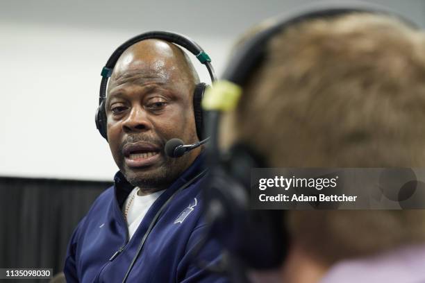 April 05: SiriusXM guest Patrick Ewing during the NCAA final Four radio broadcast on radio row at the Minneapolis Convention Center on April 5, 2019...