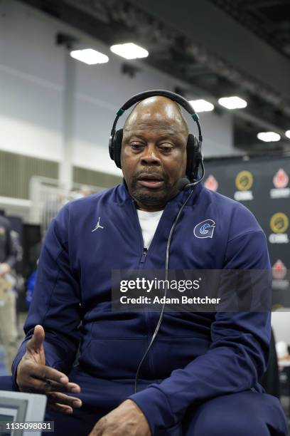 April 05: SiriusXM guest Patrick Ewing is interviewed during the NCAA final Four radio broadcast on radio row at the Minneapolis Convention Center on...