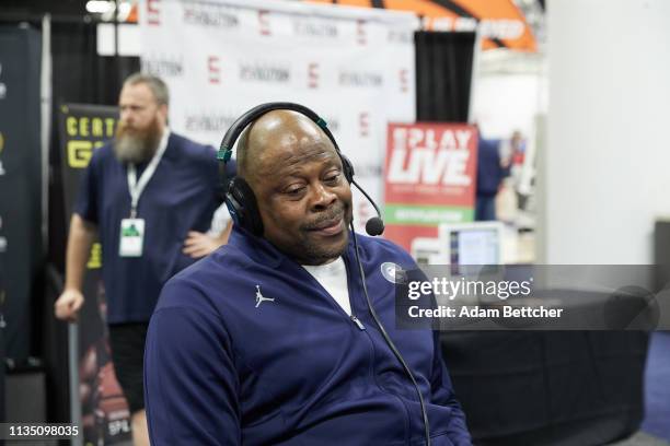 April 05: SiriusXM guest Patrick Ewing is interviewed during the NCAA final Four radio broadcast on radio row at the Minneapolis Convention Center on...