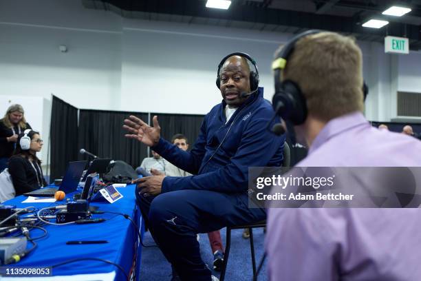 April 05: SiriusXM guest Patrick Ewing during the NCAA final Four radio broadcast on radio row at the Minneapolis Convention Center on April 5, 2019...