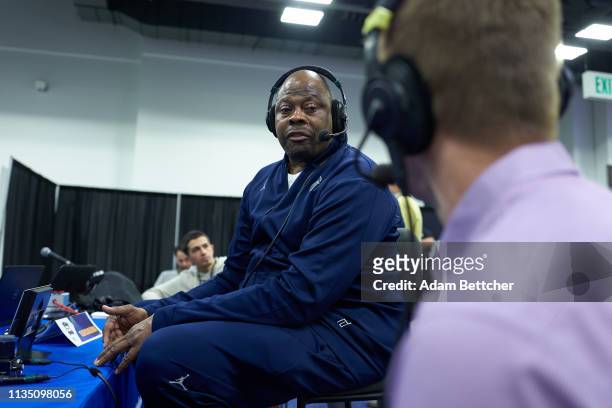 April 05: SiriusXM guest Patrick Ewing is interviewed during the NCAA final Four radio broadcast on radio row at the Minneapolis Convention Center on...