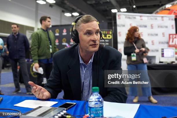 April 05: SiriusXM guest Christian Laettner during the NCAA final Four radio broadcast on radio row at the Minneapolis Convention Center on April 5,...