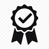 Quality icon, certified check mark ribbon label. Vector premium product certified or best choice recommended award and warranty approved certificate stamp