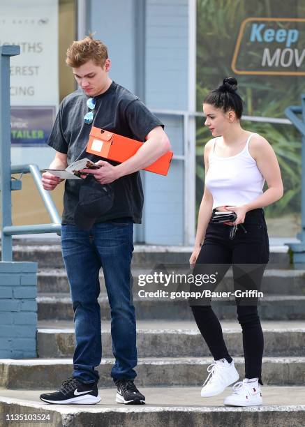 Ariel Winter and her boyfriend, Levi Meaden are seen on April 05, 2019 in Los Angeles, California.