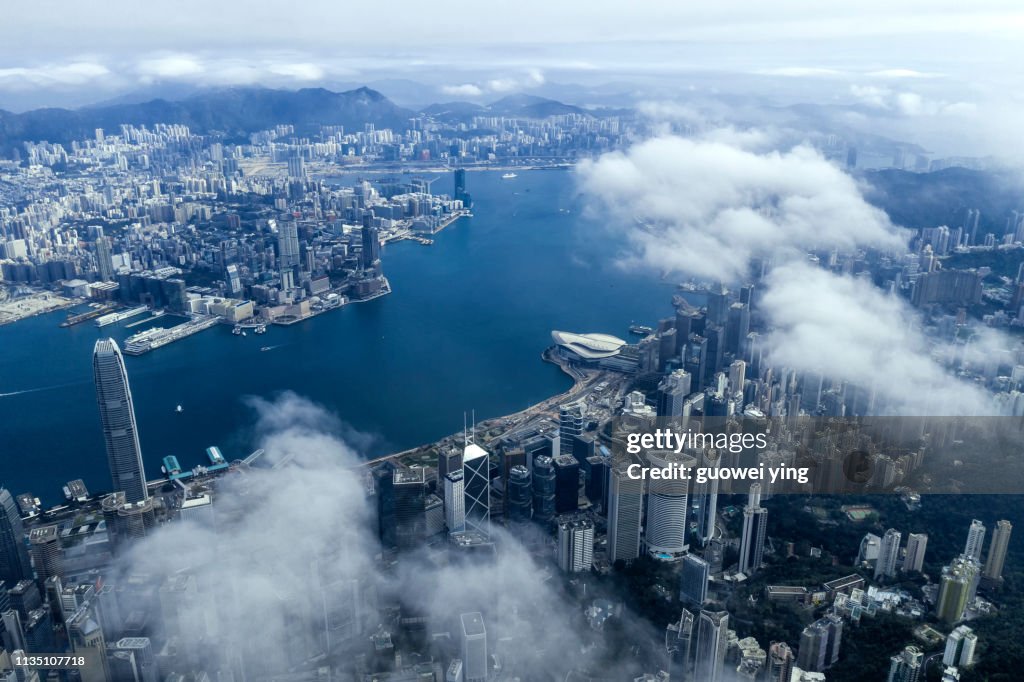 High altitude view of Victoria Harbour, Hong Kong