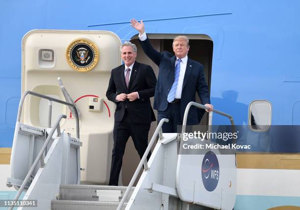 President Donald Trump and U.S. House Minority Leader Kevin McCarthy arrive in Air Force One at LAX Airport on April 5, 2019 in Los Angeles,...