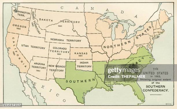 usa mit der südkonföderationskarte 1895 - confederate states army stock-grafiken, -clipart, -cartoons und -symbole