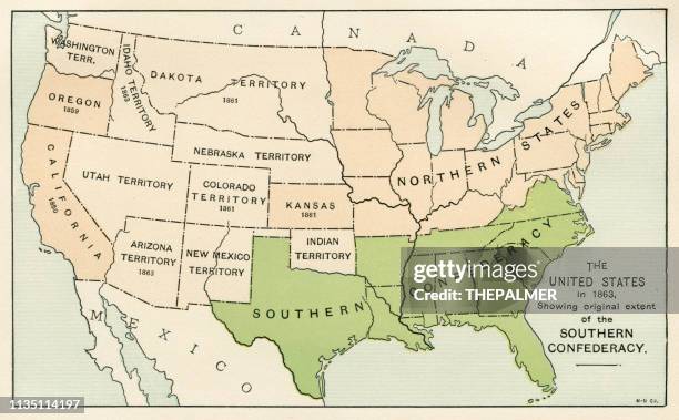 illustrazioni stock, clip art, cartoni animati e icone di tendenza di usa mostrano la mappa della confederazione meridionale del 1895 - guerra civile