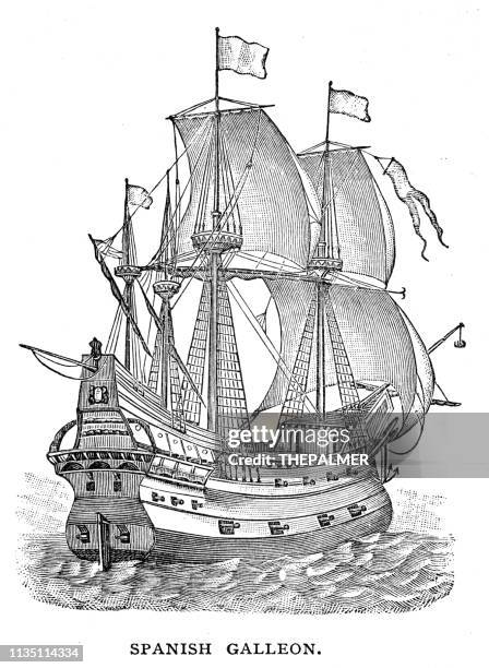 spanish galleon engraving 1895 - spanish culture stock illustrations