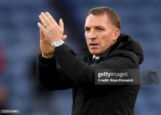 Brendan Rogers the manager of Leicester after the Premier League match between Leicester City and Fulham FC at The King Power Stadium on March 09,...