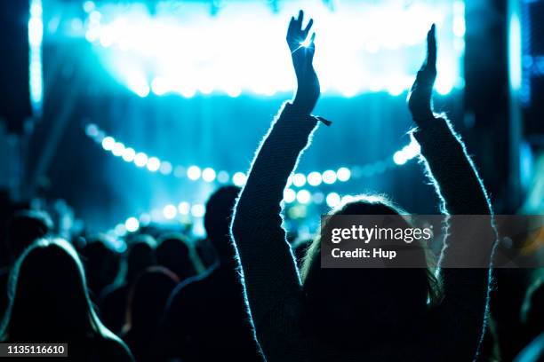 hands in the air at music show - music festival uk stock pictures, royalty-free photos & images