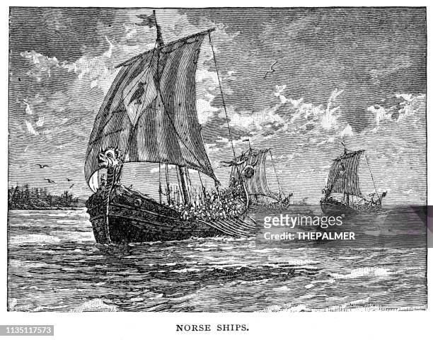 ilustrações de stock, clip art, desenhos animados e ícones de norse ships engraving 1895 - viking ship