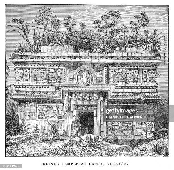 mayan temple ruins engraving 1895 - uxmal stock illustrations