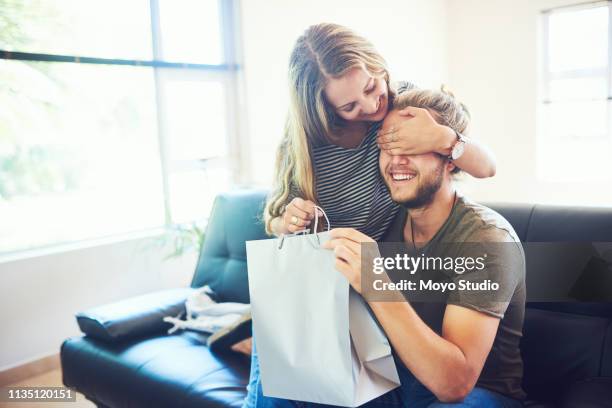 happy birthday, handsome - surprise gift for girlfriend stock pictures, royalty-free photos & images