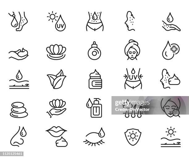 ilustraciones, imágenes clip art, dibujos animados e iconos de stock de conjunto de iconos de cuidado de la piel - higiene