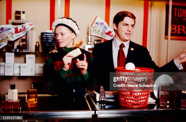 Portrait of married American couple Nancy Seaver and baseball player Tom Seaver, pitcher for the New York Mets, as they pose during an autograph...