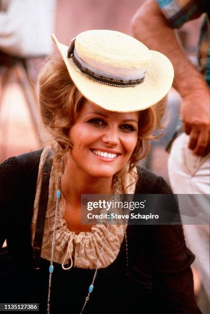 Portrait of Tunisian-born Italian actress Claudia Cardinale, in costume, on location in Monument Valley for the film 'Once Upon a Time in the West' ,...