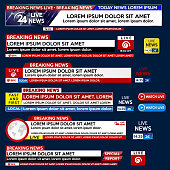 Set banner for Breaking News template title on blue background for screen TV channel. Background screen saver on breaking news.