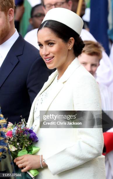 Meghan, Duchess of Sussex departs the Commonwealth Service on Commonwealth Day at Westminster Abbey on March 11, 2019 in London, England. The...