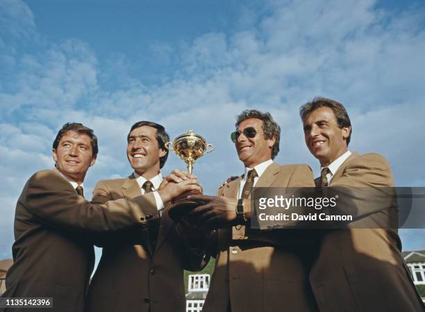 Manuel Pinero, Severiano Ballesteros, Jose Maria Canizares and Jose Rivero of Spain celebrate Europe winning the 26th Ryder Cup Matches 16½ to 11½...