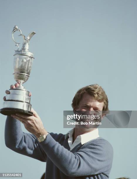 Tom Watson of the United States lifts the Claret Jug and celebrates winning the 111th Open Championship on 18th July 1982 at the Royal Troon Golf...