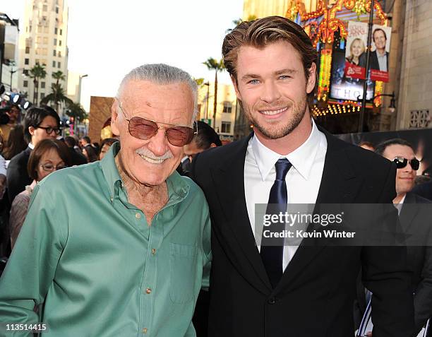 Writer Stan Lee and actor Chris Hemsworth arrive at the premiere of Paramount Pictures' and Marvel's "Thor" held at the El Capitan Theatre on May 2,...