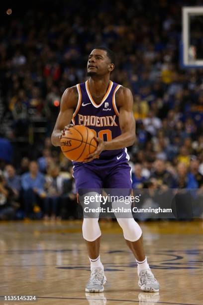 Josh Jackson of the Phoenix Suns looks to shoot the ball against the Golden State Warriors at ORACLE Arena on March 10, 2019 in Oakland, California....