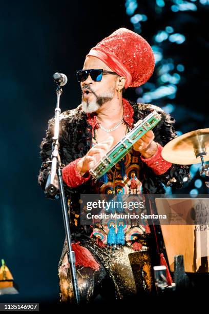 Carlinhos Brown singer member of the band Tribalistas performs live on stage during the first day or day one of Lollapalooza Brazil Music Festival at...