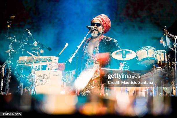 Carlinhos Brown singer member of the band Tribalistas performs live on stage during the first day or day one of Lollapalooza Brazil Music Festival at...