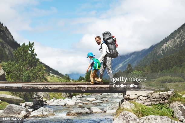 father and son hiking together in mountains - family adventure imagens e fotografias de stock