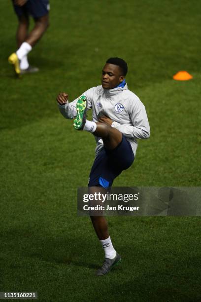 Rabbi Matondo of FC Schalke 04 warms up during a training session ahead of their UEFA Champions League Round of 16 second leg match against...