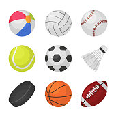 Ball games. Sports kids ball volleyball baseball tennis football soccer bambinton hockey basketball rugby balls vector