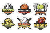 Sports balls logos. Sport logo ball soccer basketball volleyball football rugby tennis baseball badge team club emblems