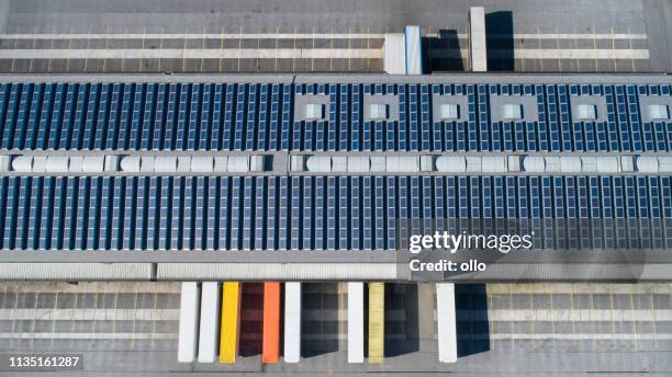 loading bay, industrial building, logistics - aerial view - transportation hub stock pictures, royalty-free photos & images