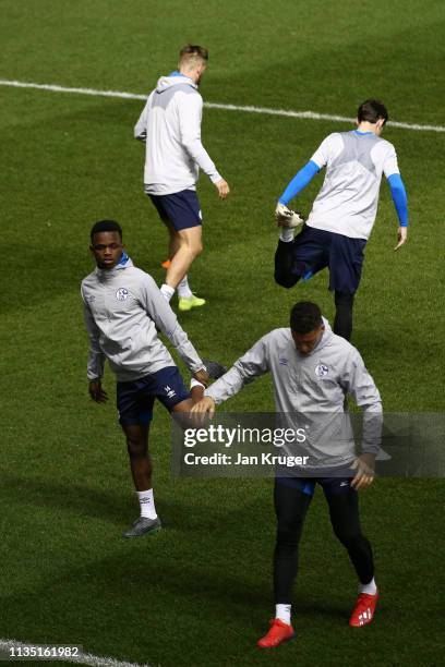 Rabbi Matondo of FC Schalke 04 warms up during a training session ahead of their UEFA Champions League Round of 16 second leg match against...