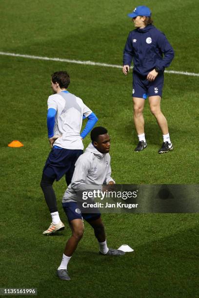 Rabbi Matondo of FC Schalke 04 warms up during a training session ahead of their UEFA Champions League Round of 16 second leg match against...