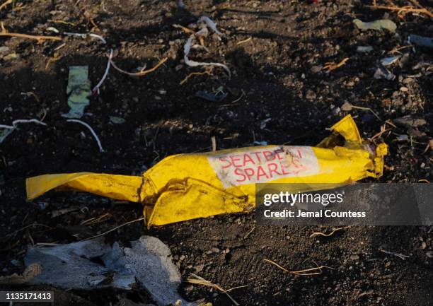 Spare seat belt lies amidst debris still on the ground as recovery efforts continue at the crash site of Ethiopian Airlines flight ET302 on March 11,...