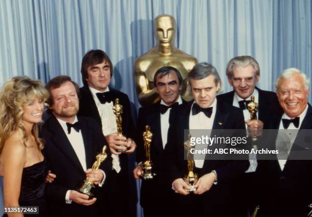 Los Angeles, CA Farrah Fawcett, Nick Allder, Brian Johnson, Carlo Rambaldi, HR Giger, Dennis Ayling with their Academy Awards, Harold Russell...