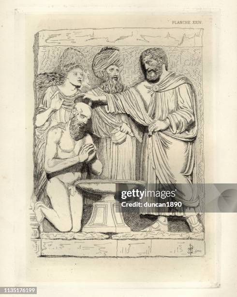 medieval italian sculpture, baptism of saint ansano, venice - baptismal font stock illustrations