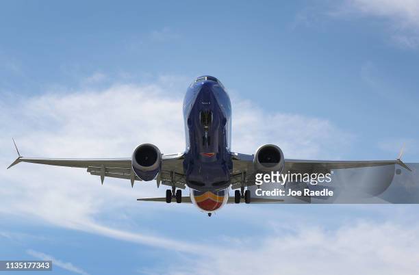 Southwest Boeing 737 Max 8 enroute from Tampa prepares to land at Fort Lauderdale-Hollywood International Airport on March 11, 2019 in Fort...
