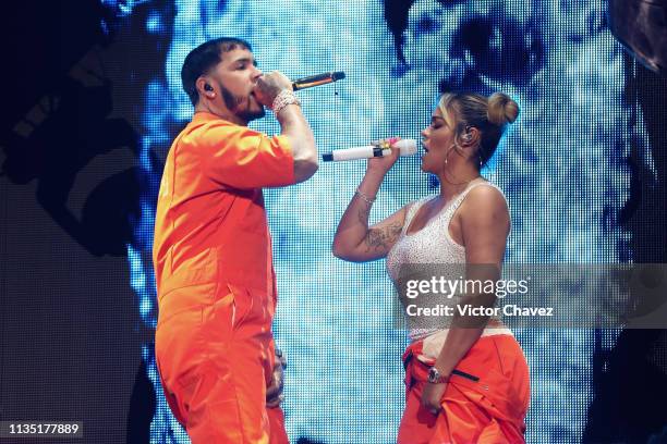 Anuel AA and Karol G perform during "El Culpables Tour" at Arena Ciudad de Mexico on April 5, 2019 in Mexico City, Mexico