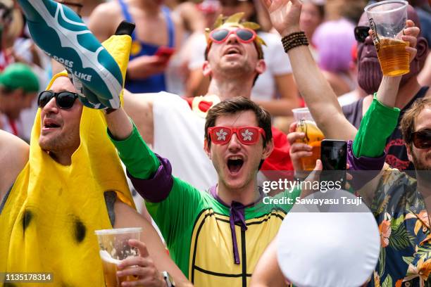 Fans in costume show their support on day two of the Cathay Pacific/HSBC Hong Kong Sevens at the Hong Kong Stadium on April 6, 2019 in Hong Kong.